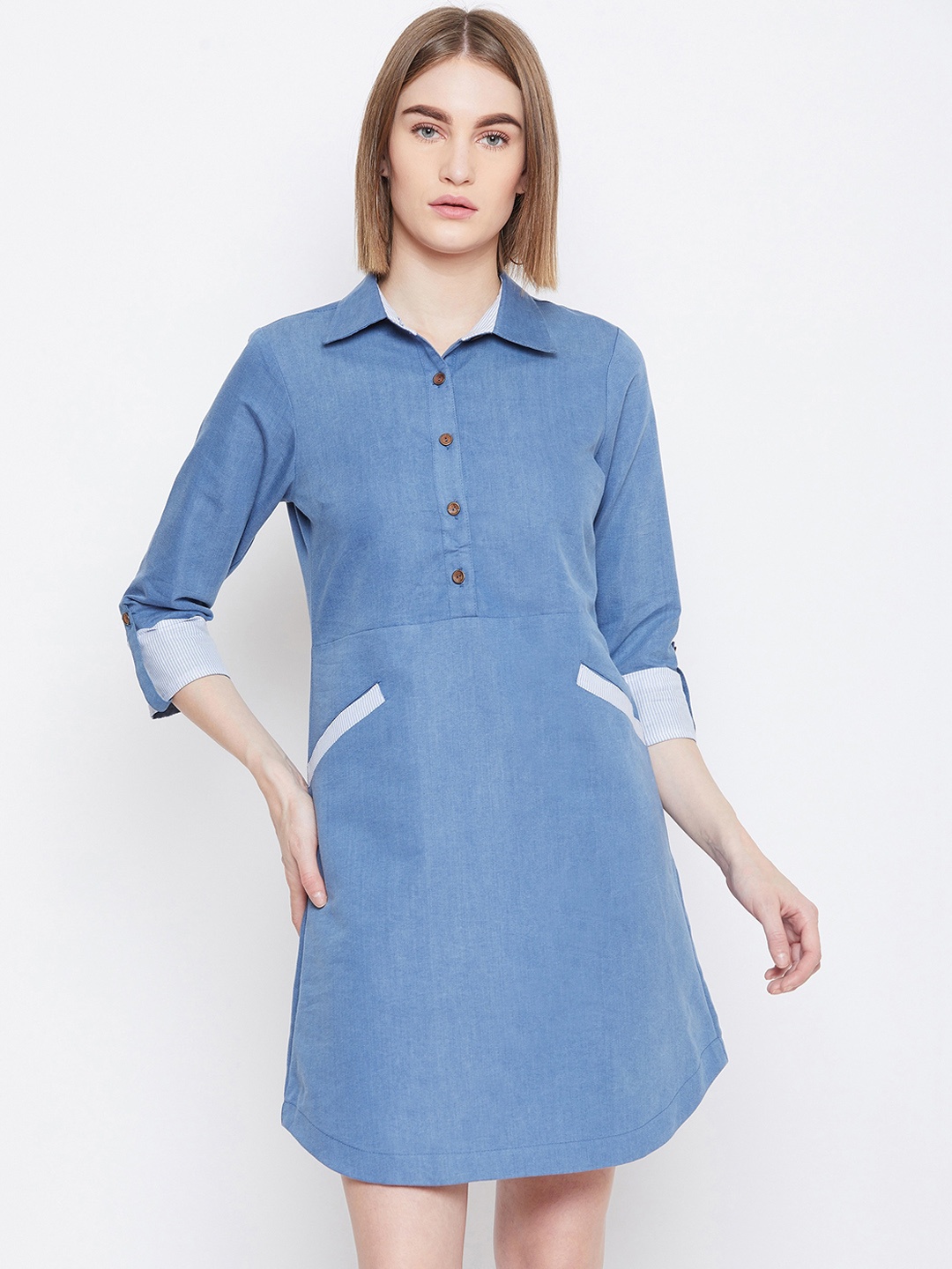 

Imfashini Women Blue Solid Denim Shirt Dress