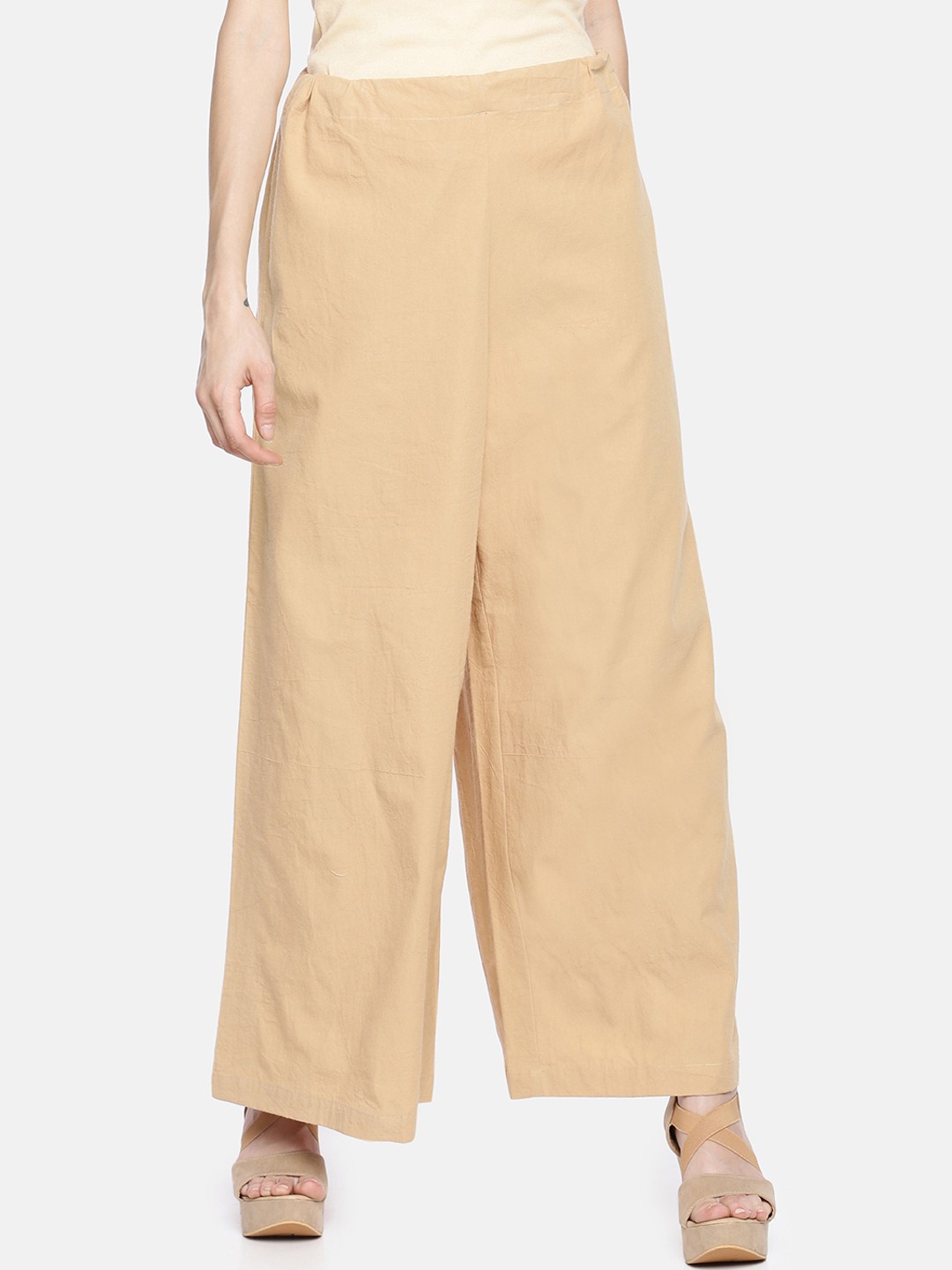 GRASS by Gitika Goyal Women Beige Solid Wide Leg Palazzos