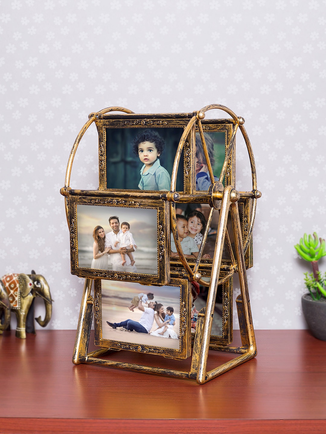 

Golden Peacock Gold-Toned Textured Antique Personalised Rotating Wheel Photo Frame
