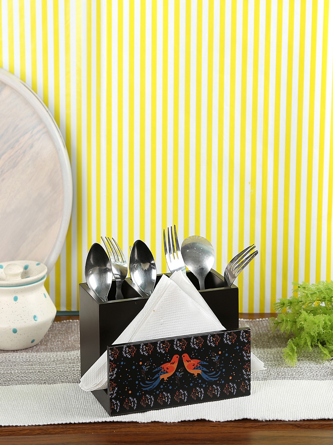

CRAYTON Black & Blue Birds Printed Tissue & Cutlery Holder
