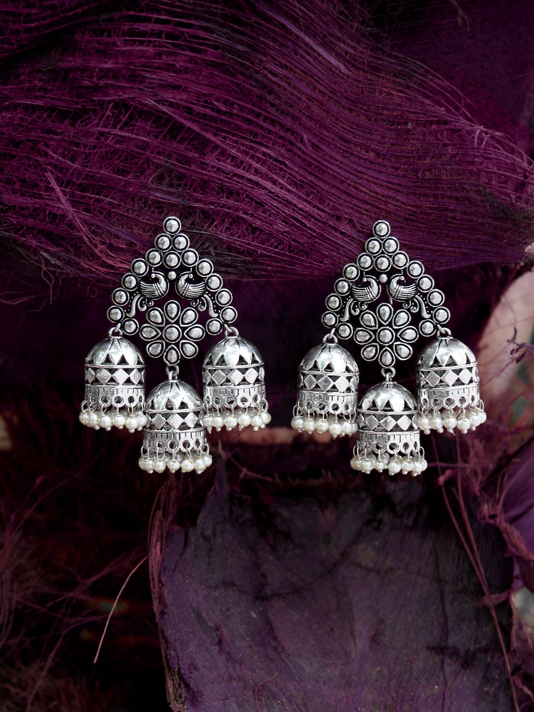

Adwitiya Collection Silver-Plated Oxidised White Dome Shaped Drop Earrings