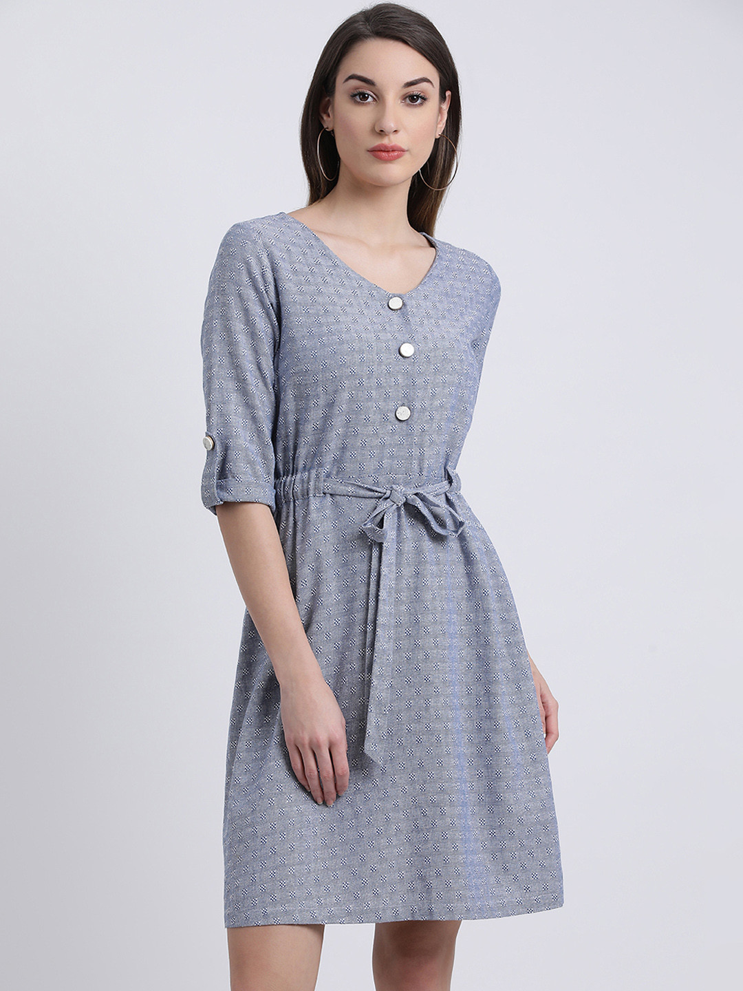 

Zink London Women Blue Self Design Fit and Flare Dress