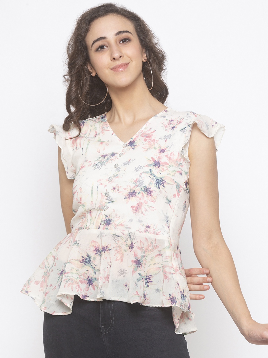 

Globus Women Off-White Floral Print Peplum Top, Cream