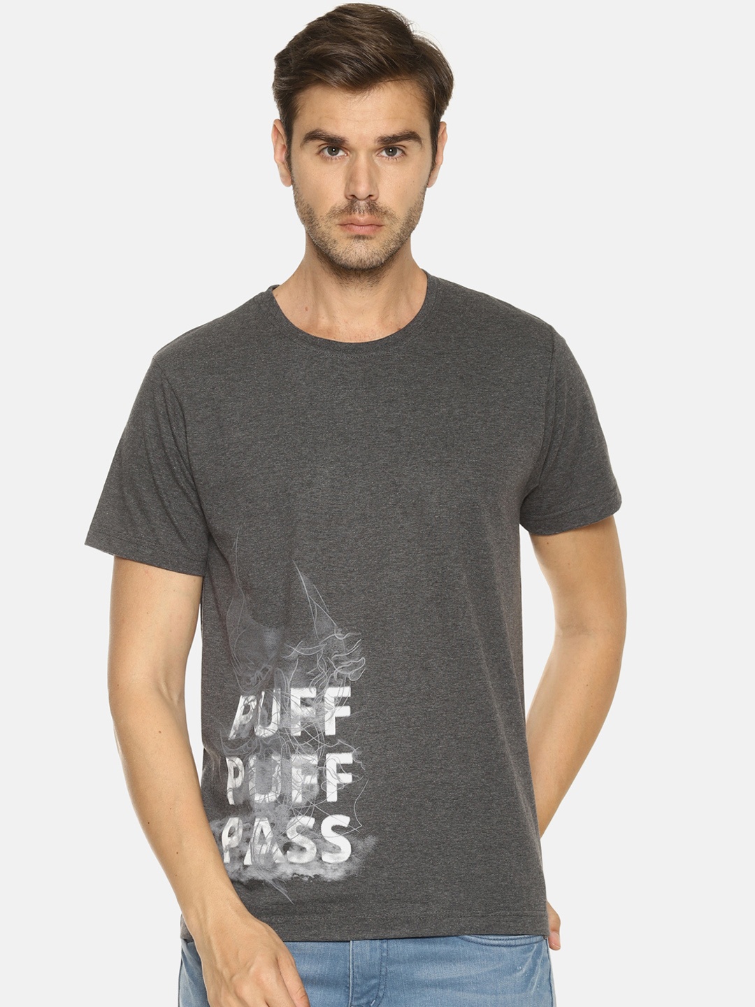 

OBOW Men Charcoal Grey Printed Round Neck Pure Cotton T-shirt
