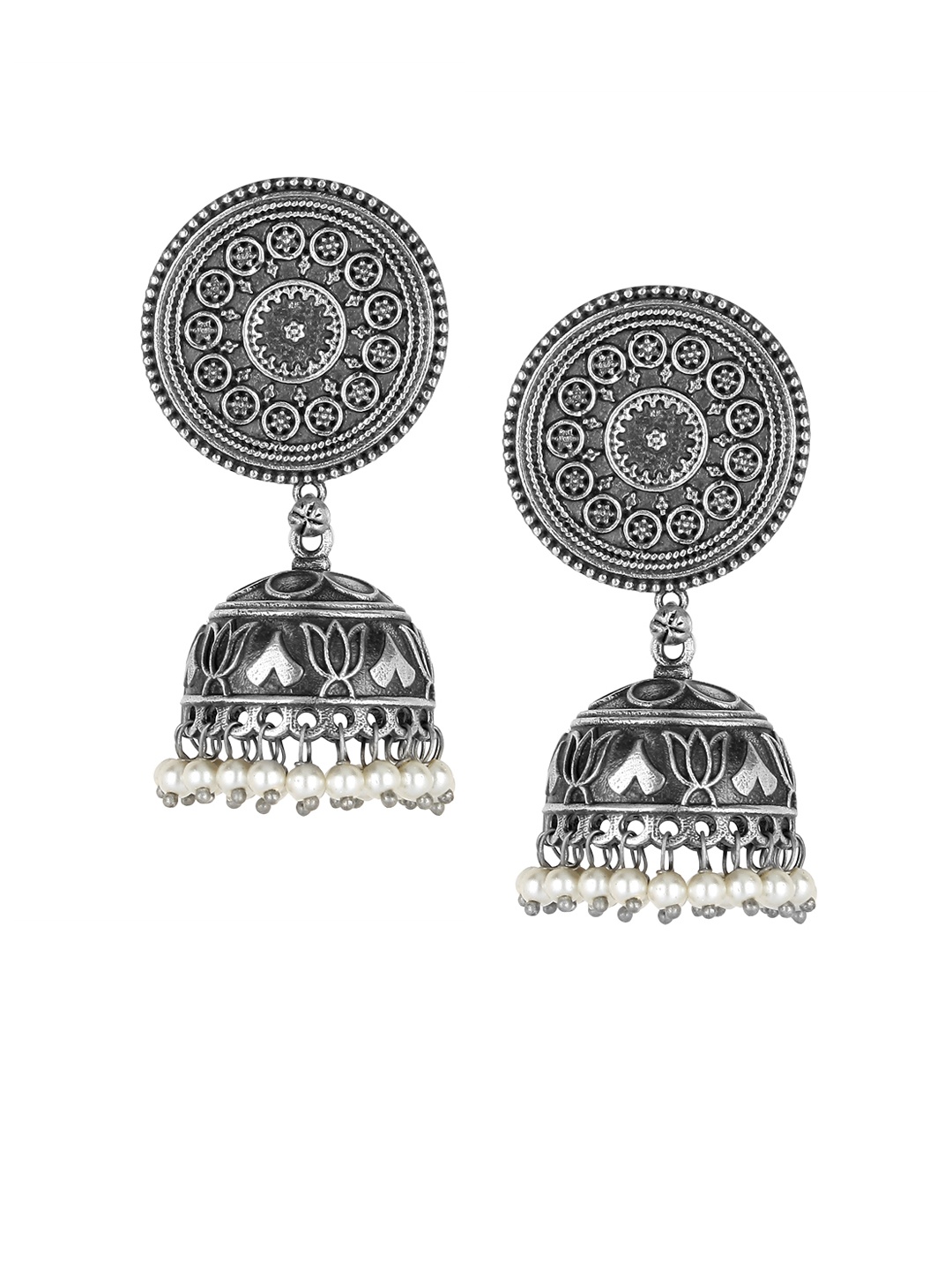 

Adwitiya Collection Silver Plated Oxidised Jhumkas