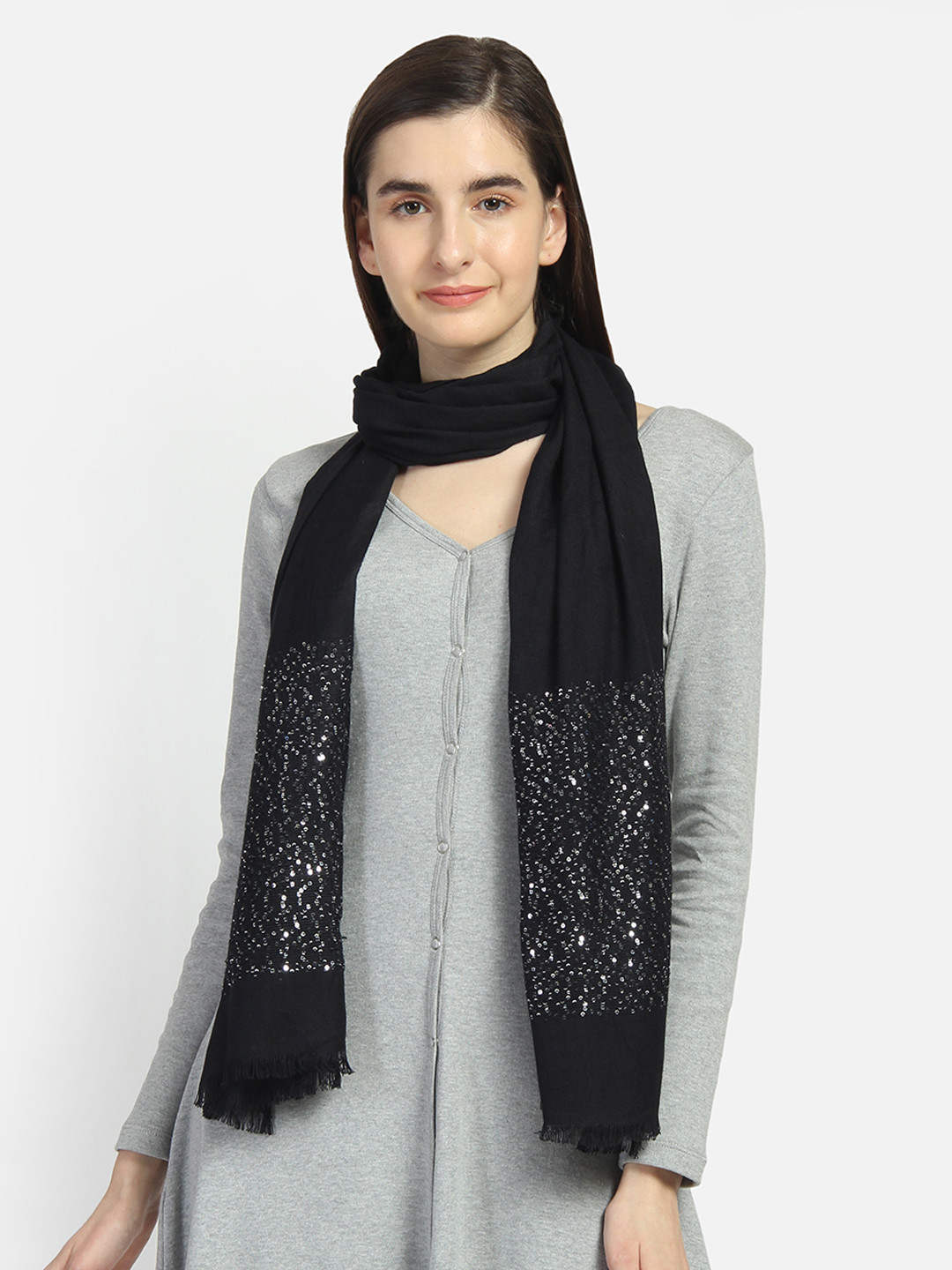 

Anekaant Women Black & Silver Solid Stole