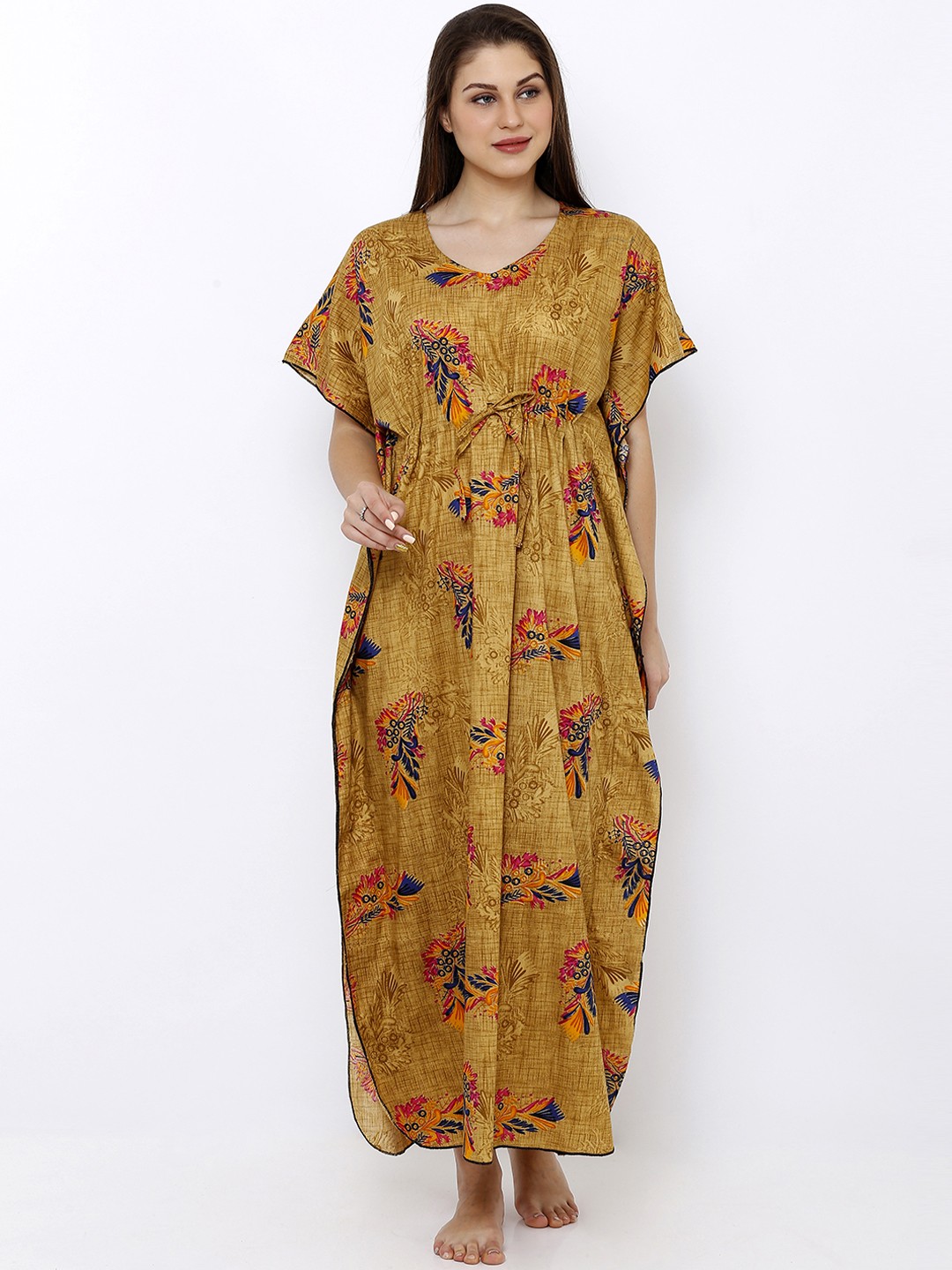 

Pretty Awesome Mustard Brown & Pink Printed Kaftan Nightdress