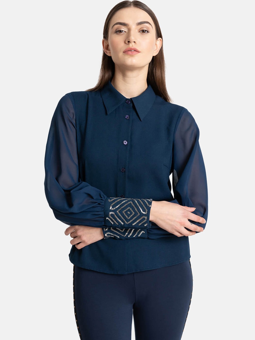 

Kazo Women Navy Blue Regular Fit Solid Casual Shirt