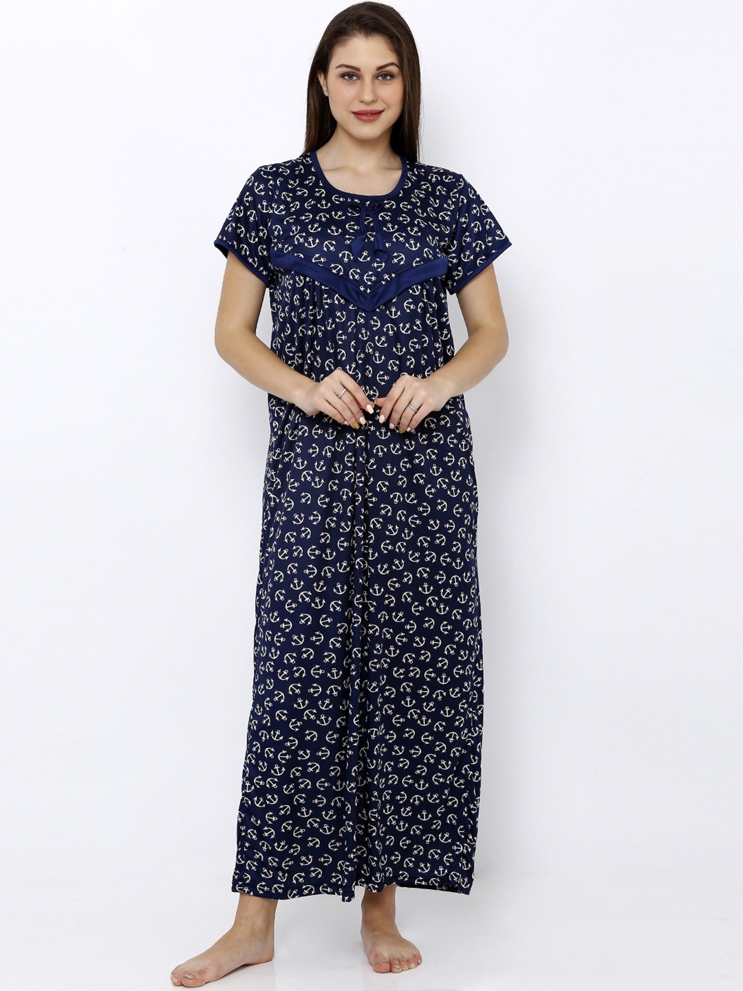 

Pretty Awesome Navy Blue & White Printed Maternity Feeding Nightdress