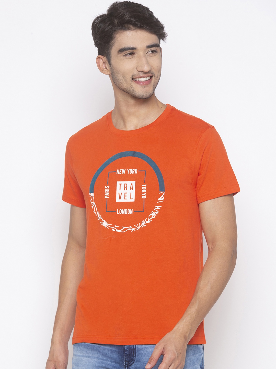 

Globus Men Orange Printed Slim Fit Round Neck T-shirt