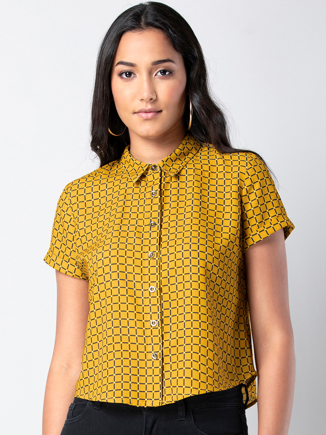 

FabAlley Women Yellow Checked Shirt Style Top
