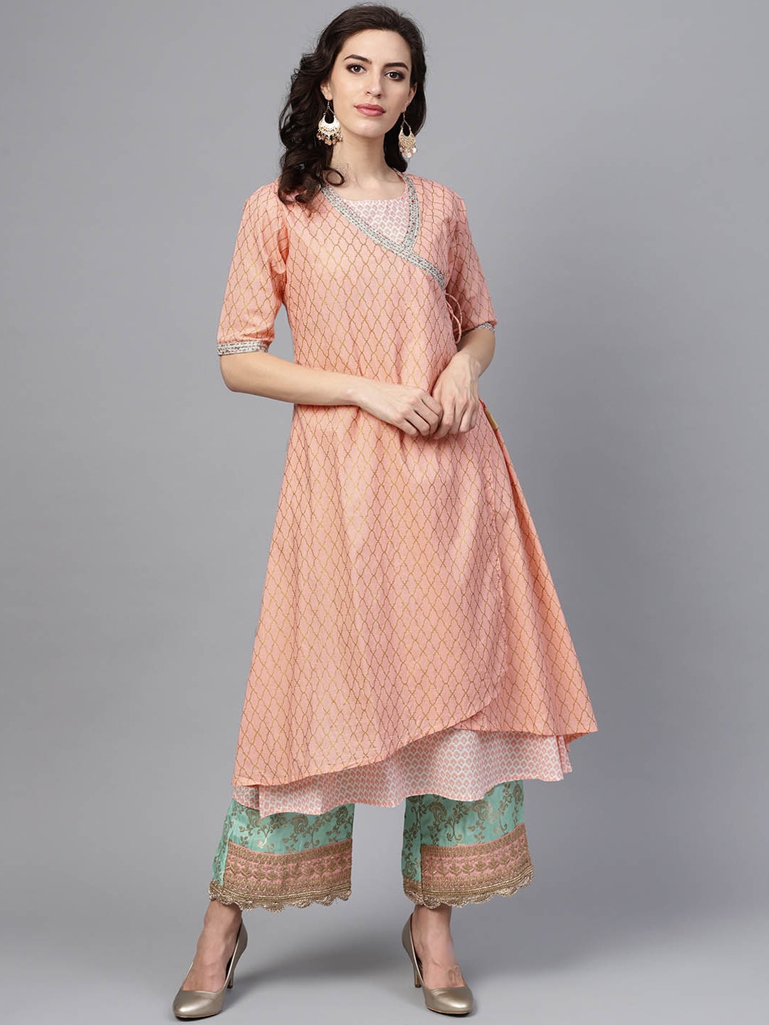 

Indo Era Women Peach-Coloured & Gold-Coloured Printed A-Line Kurta