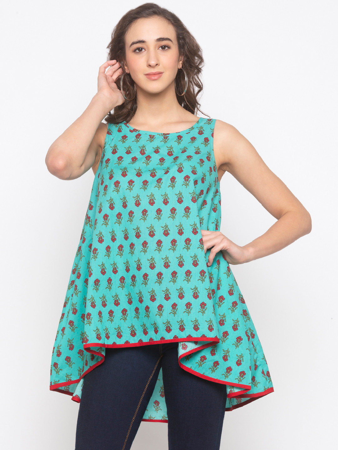 

Globus Women Sea Green & Maroon Printed High-Low Pure Cotton Top