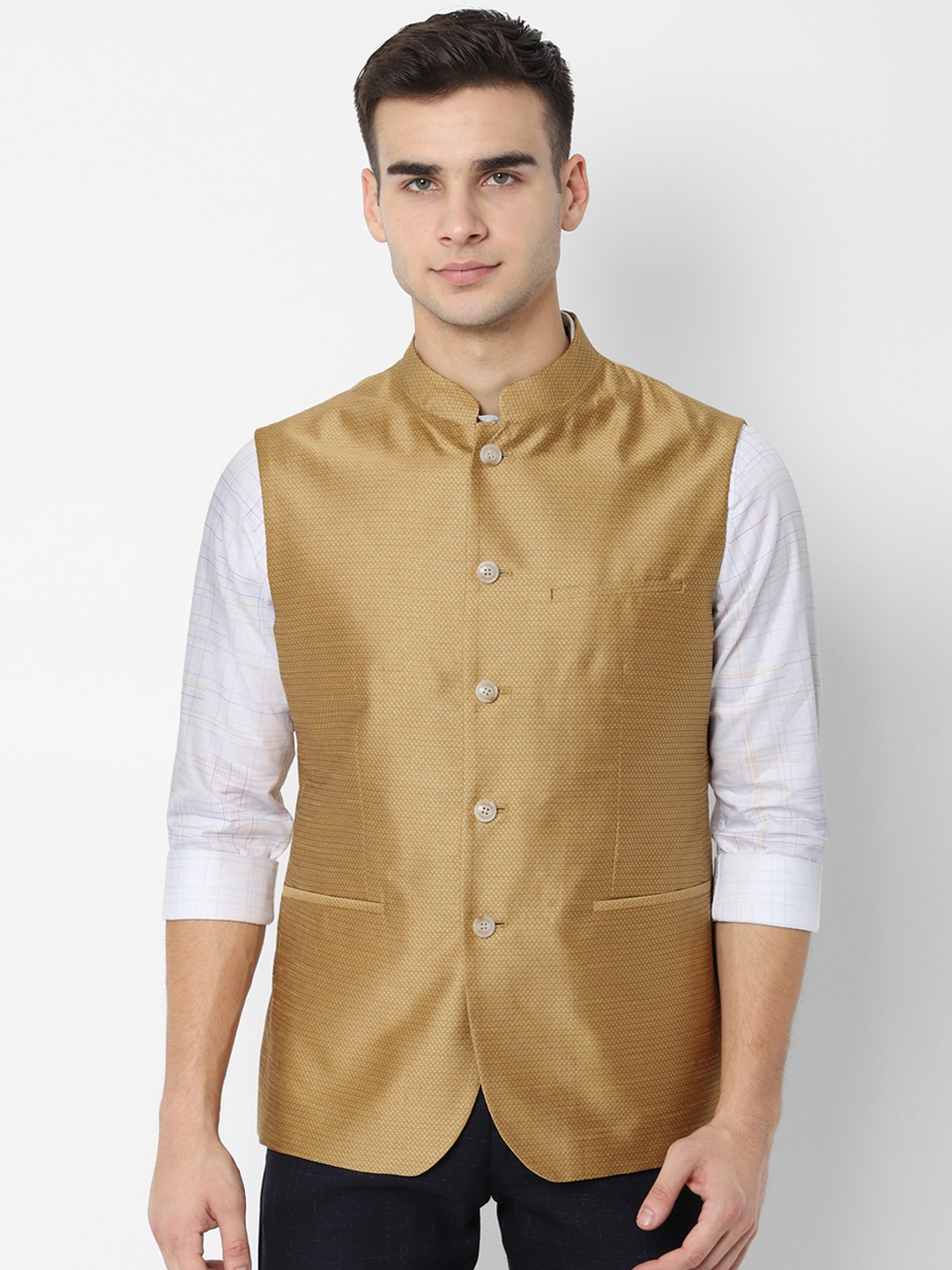 

Allen Solly Men Gold-Toned Woven Design Nehru Jacket