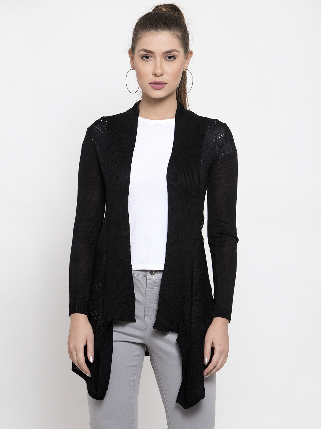 

KLOTTHE Women Black Self Design Open Front Shrug