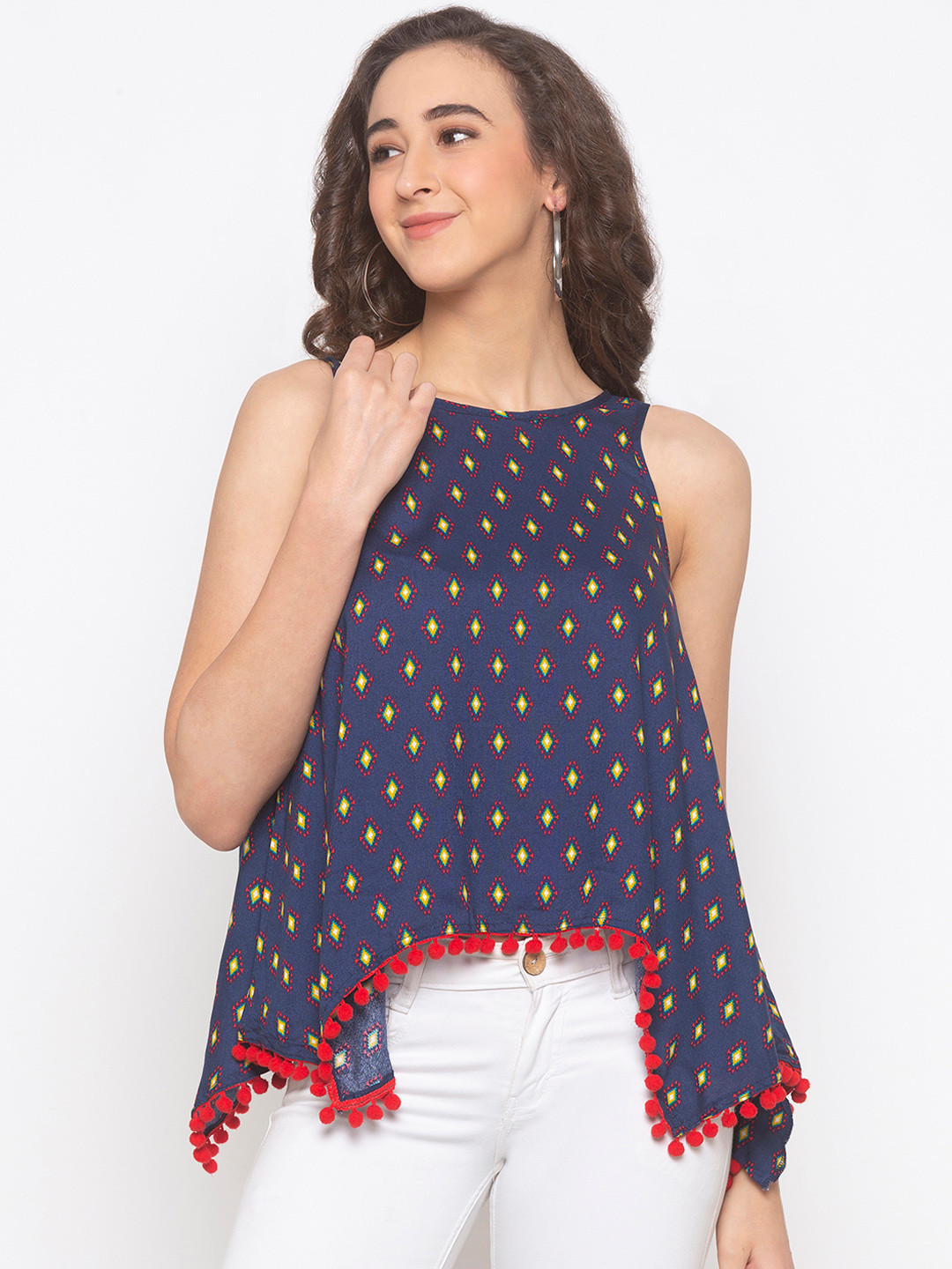 

Globus Women Navy Blue & Yellow Printed A-Line Top