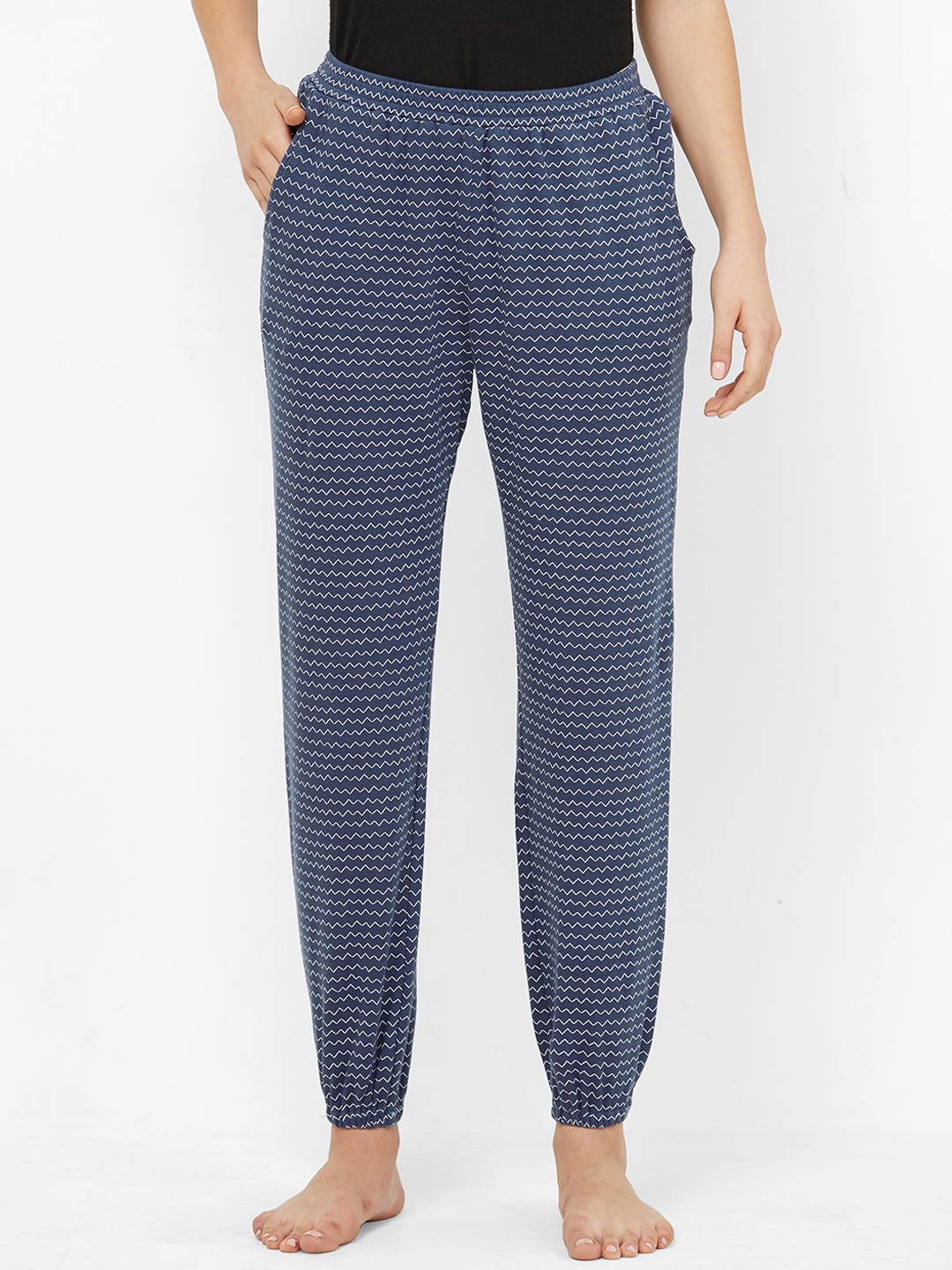 

Mystere Paris Women Navy Blue & White Printed Jogger Style Lounge Pants