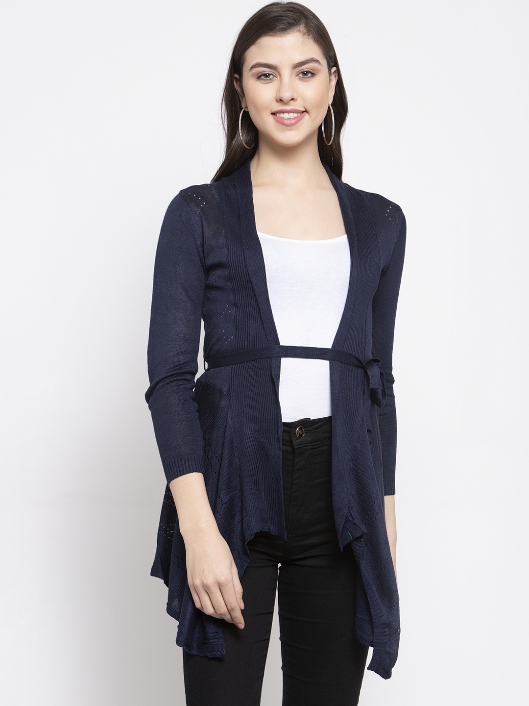 

KLOTTHE Women Navy Blue Self Design Open Front Shrug With Belt