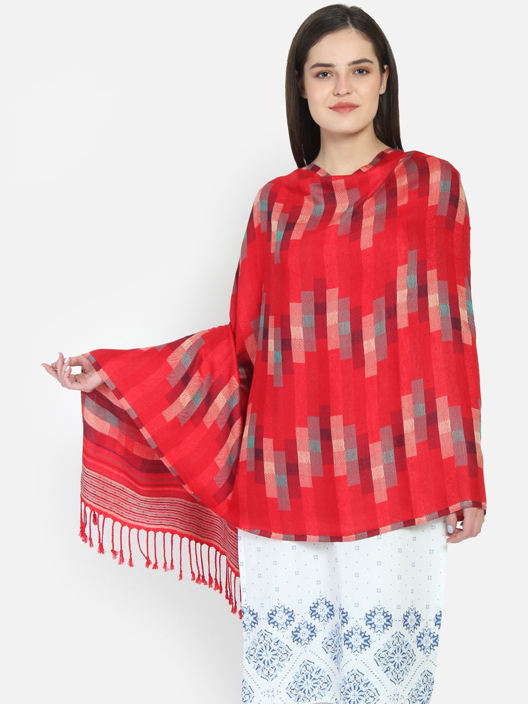 

Anekaant Women Red Woven Design Shawl