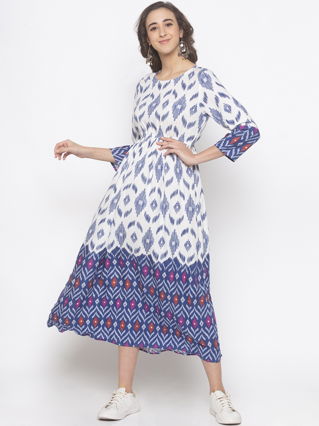 

Globus Women White & Blue Printed Fit and Flare Dress