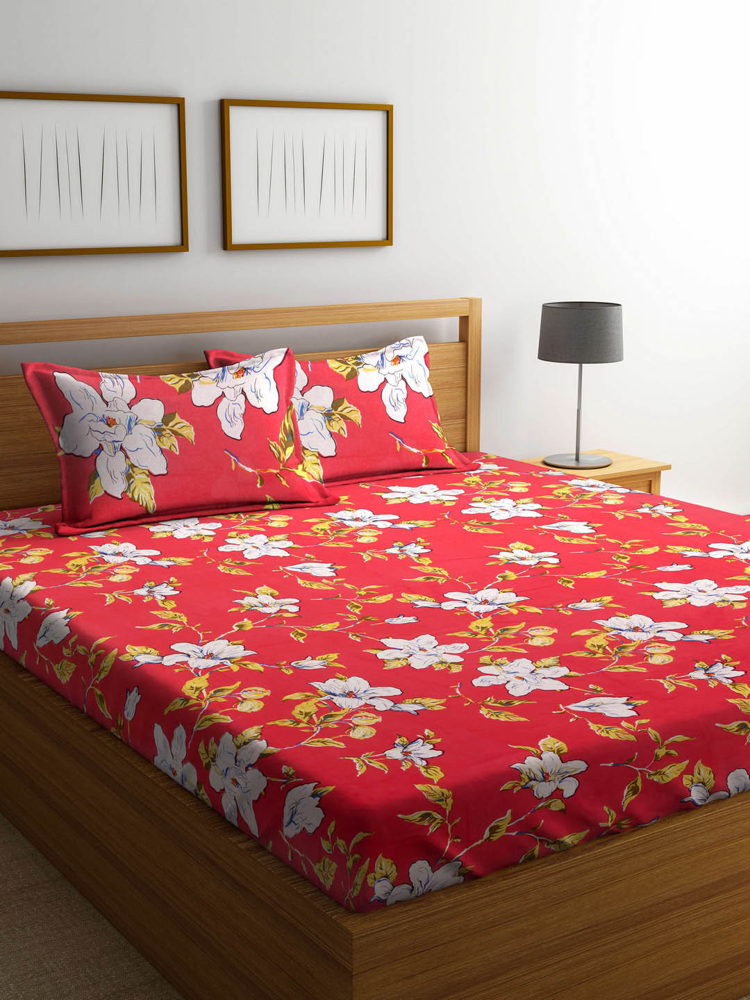 

Cortina Red & White Floral 120 TC Cotton 1 Queen Bedsheet with 2 Pillow Covers