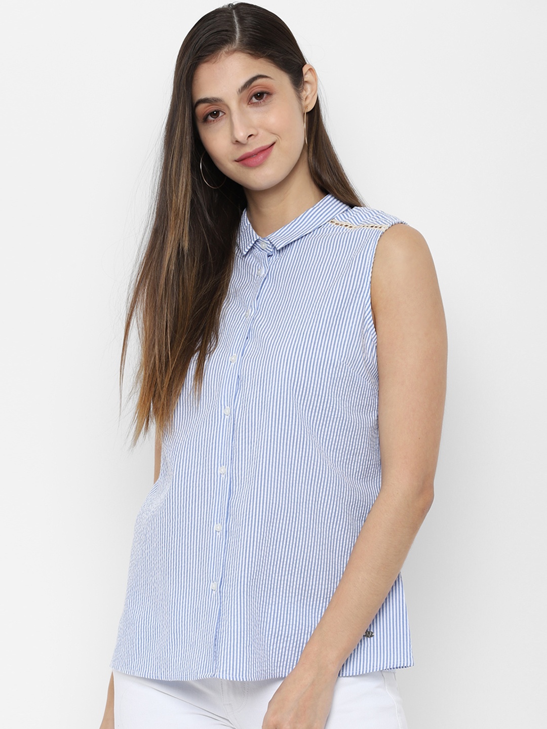 

Allen Solly Woman Blue & White Regular Fit Striped Casual Shirt