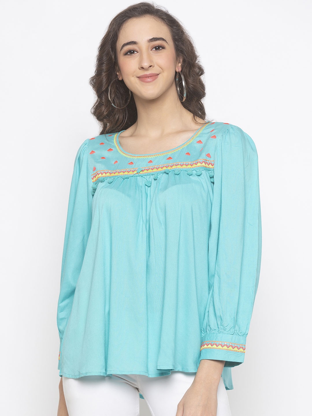 

Globus Women Turquoise Blue Embroidered Empire Top