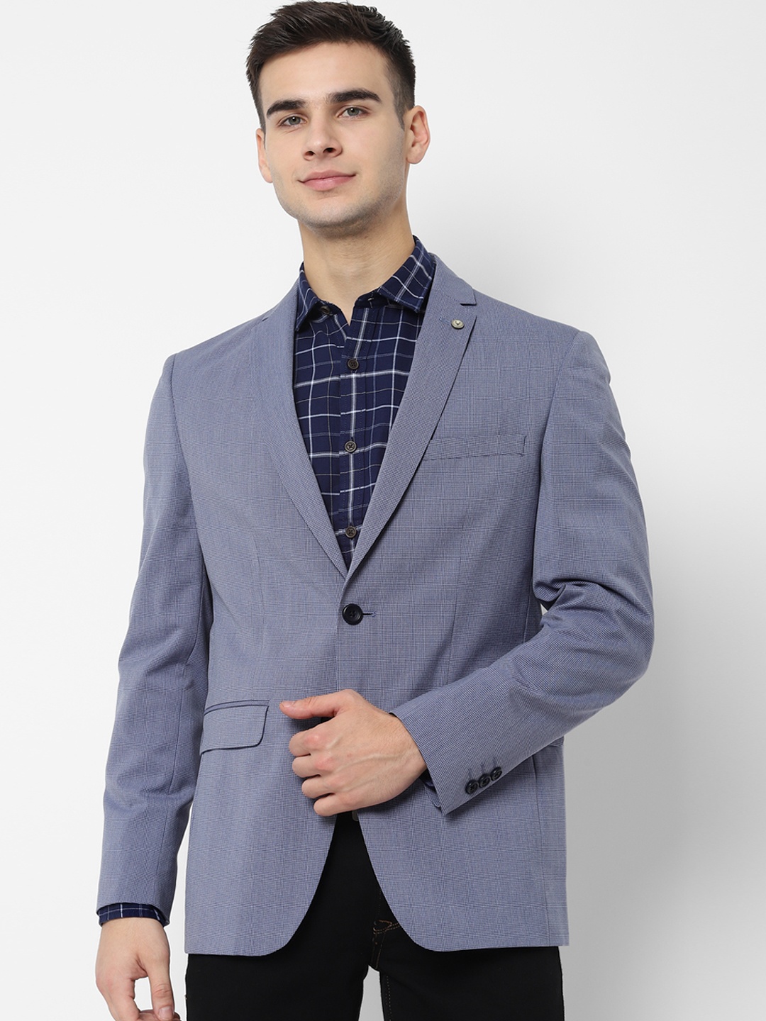

Allen Solly Men Blue Checked Slim-Fit Single-Breasted Casual Blazer
