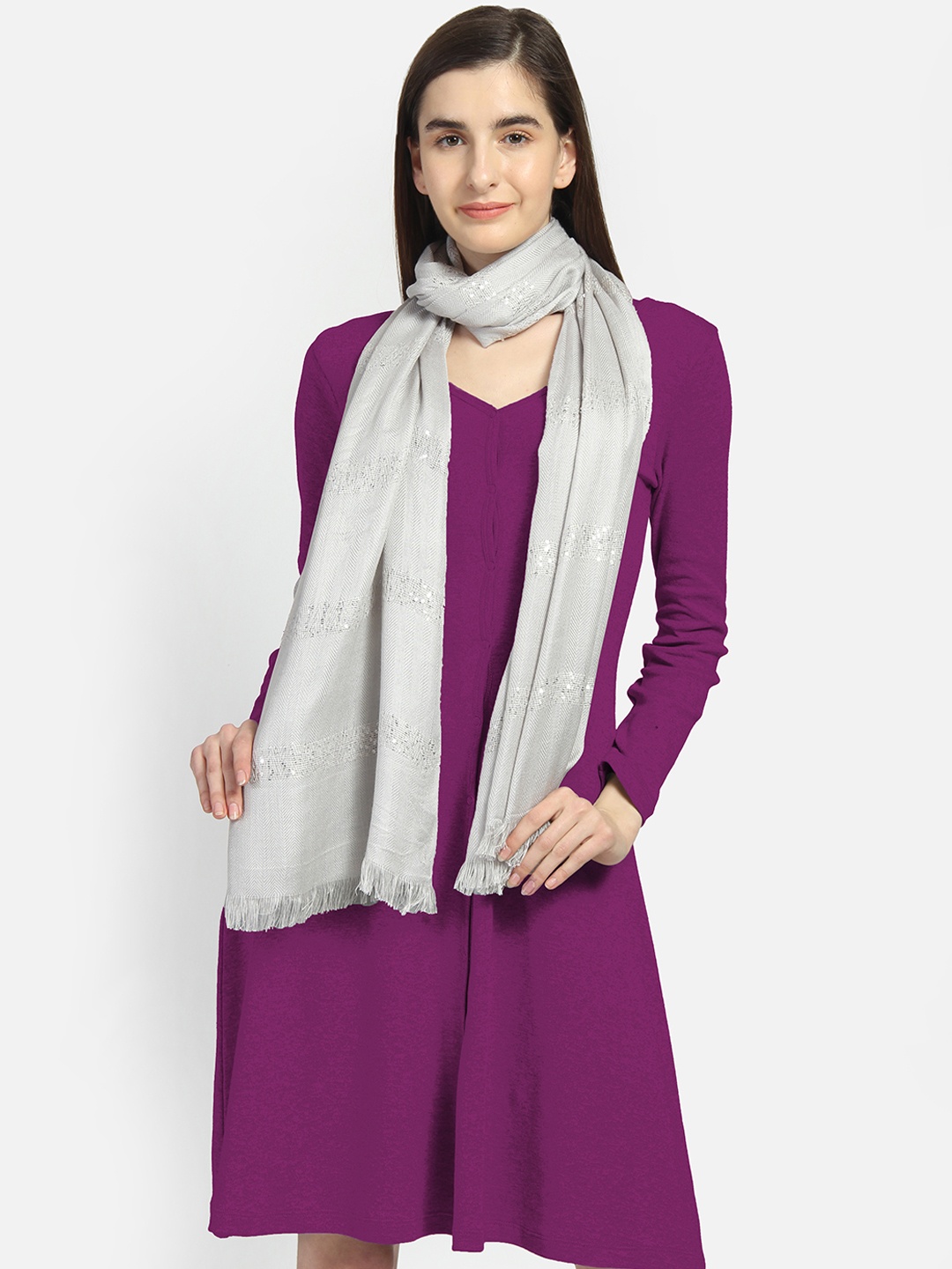

Anekaant Women Grey & Silver Sequinned Striped Stole