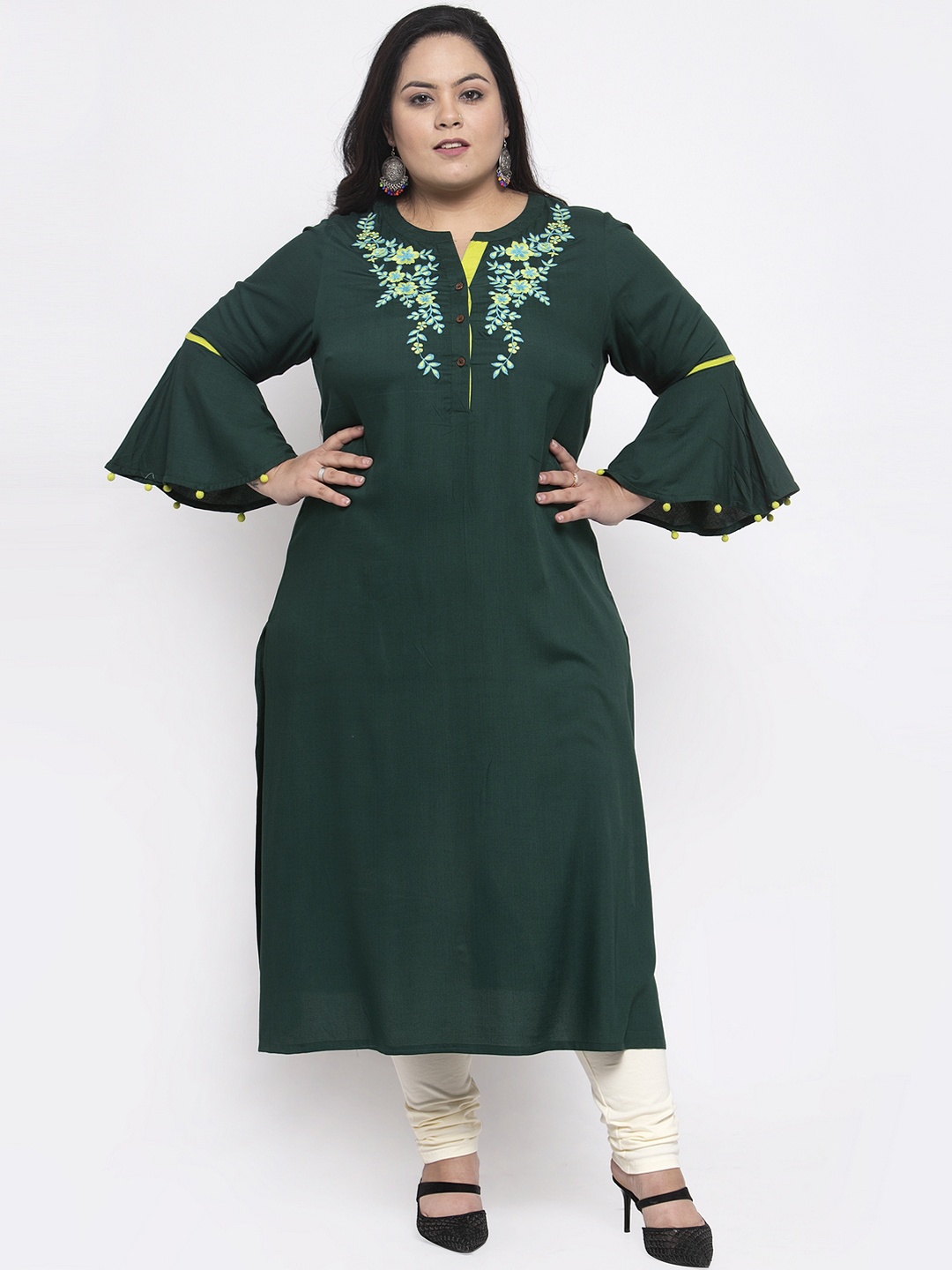 

plusS Women Green Yoke Design Straight Kurta