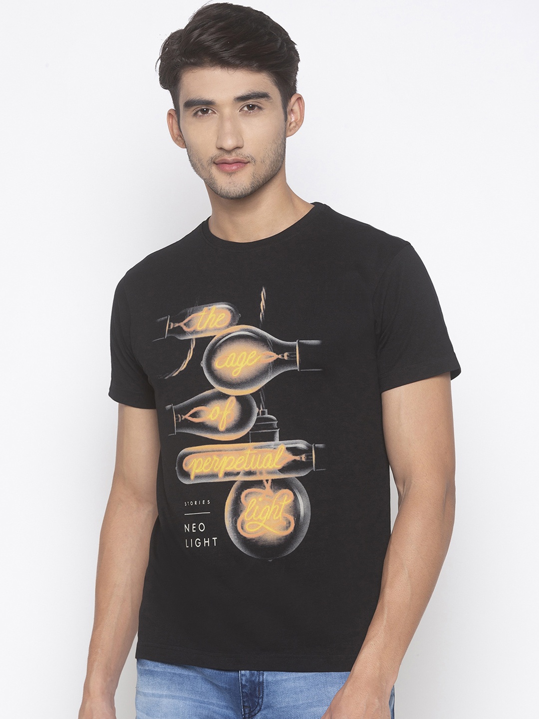 

Globus Men Black & Yellow Printed Slim Fit Round Neck T-shirt
