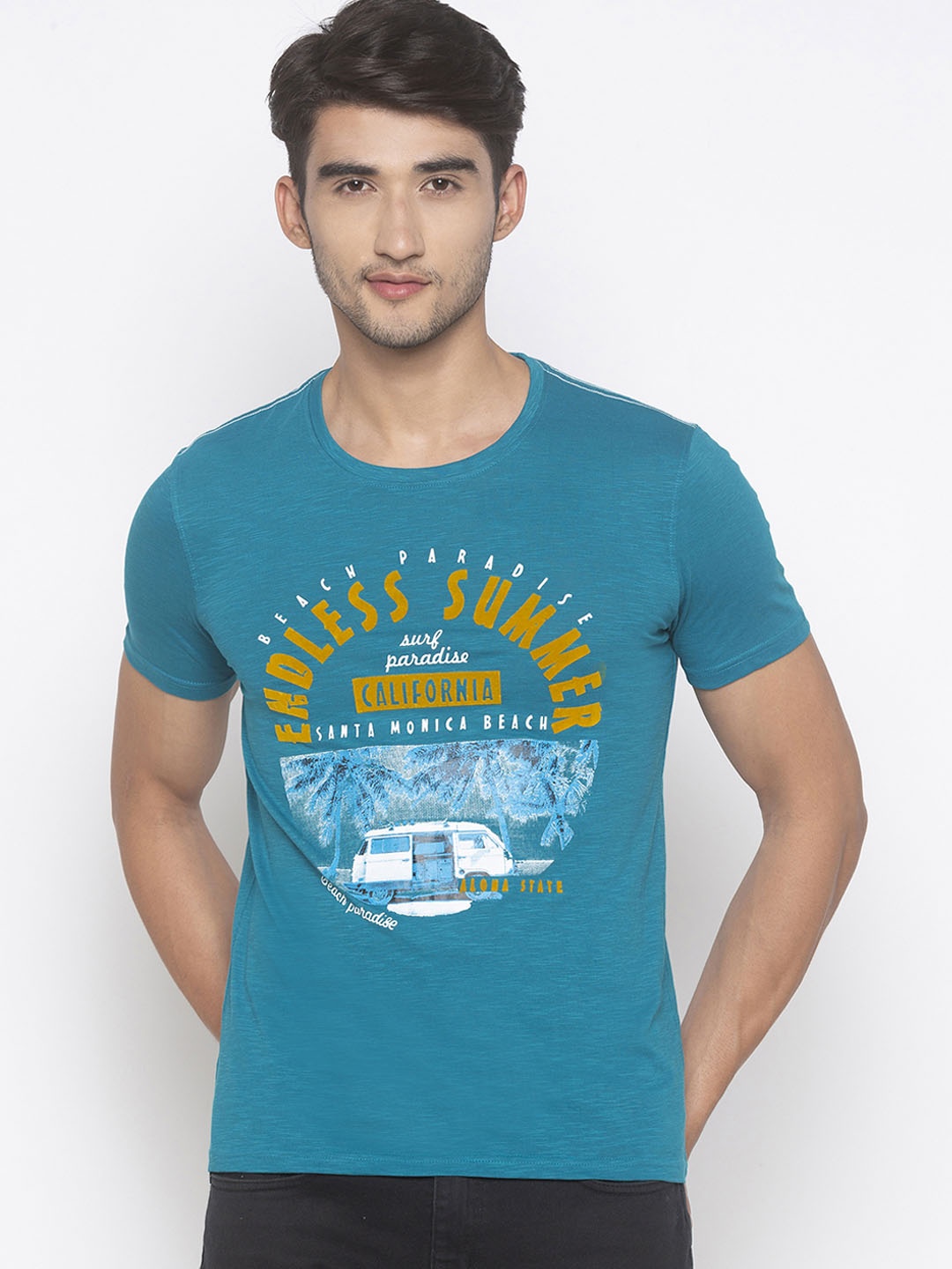 

Globus Men Blue Printed Slim Fit Round Neck T-shirt