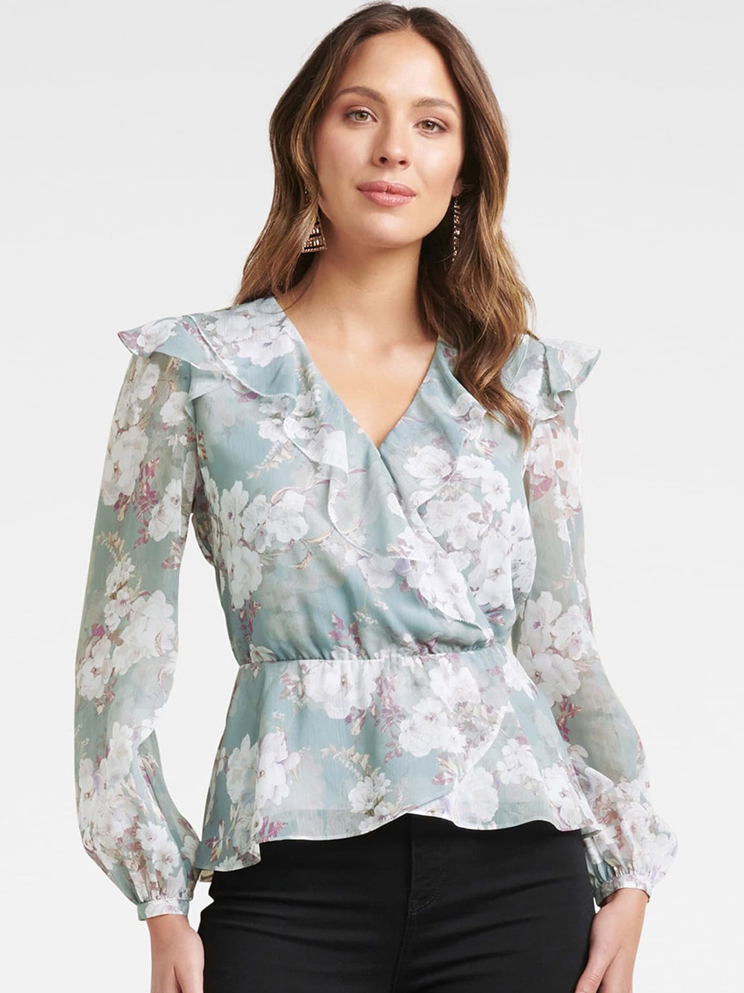 

Forever New Women Blue Printed Cinched Waist Top