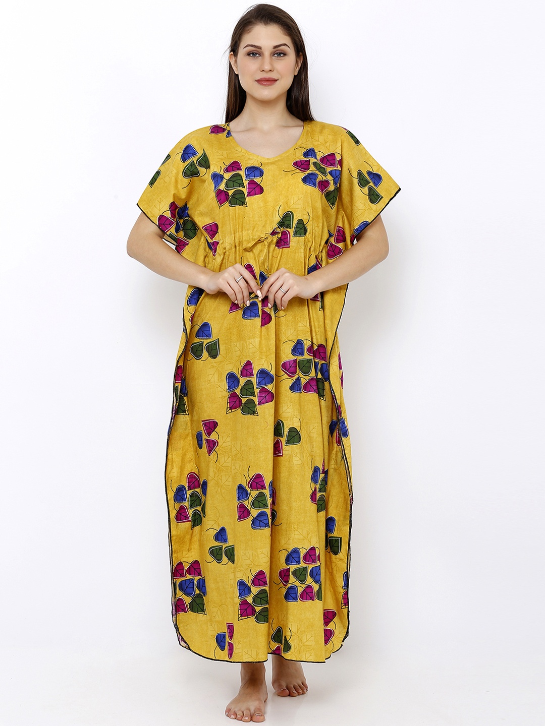 

Pretty Awesome Mustard Yellow & Blue Printed Kaftan Nightdress