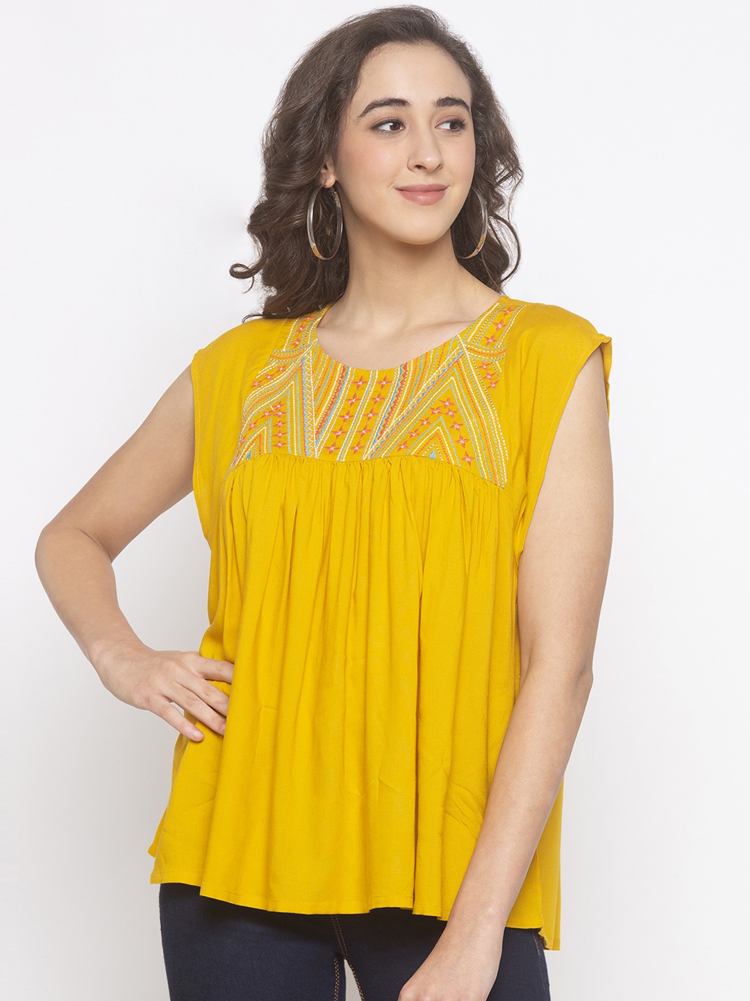 

Globus Women Mustard Yellow Embroidered Empire Top