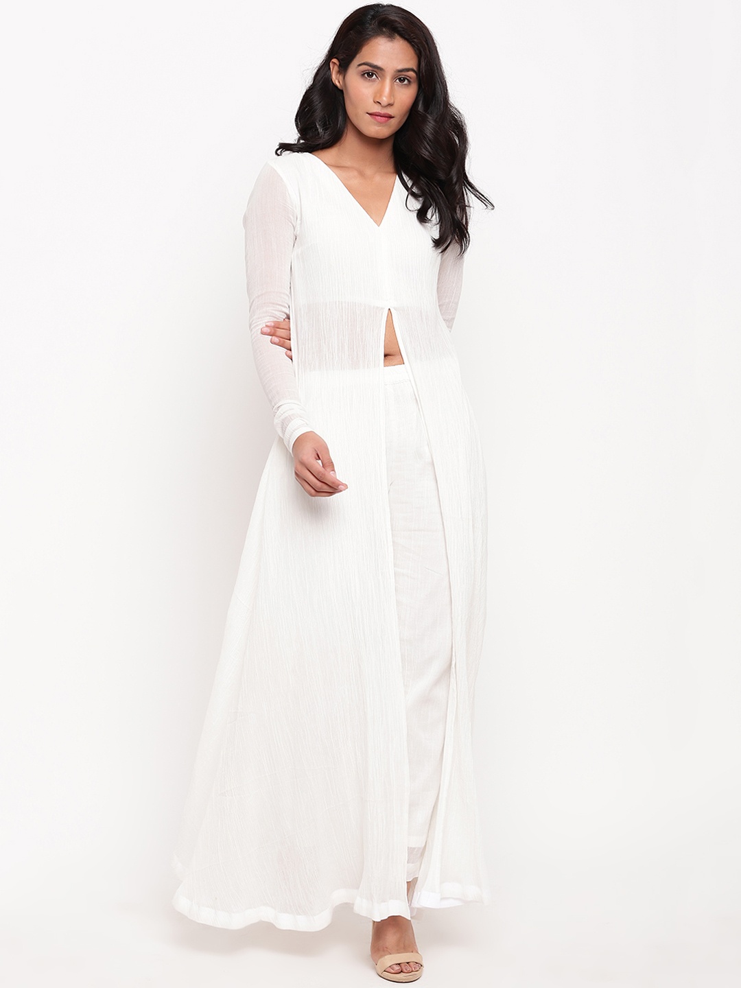 

trueBrowns Women White Solid A-Line High Slit Kurta