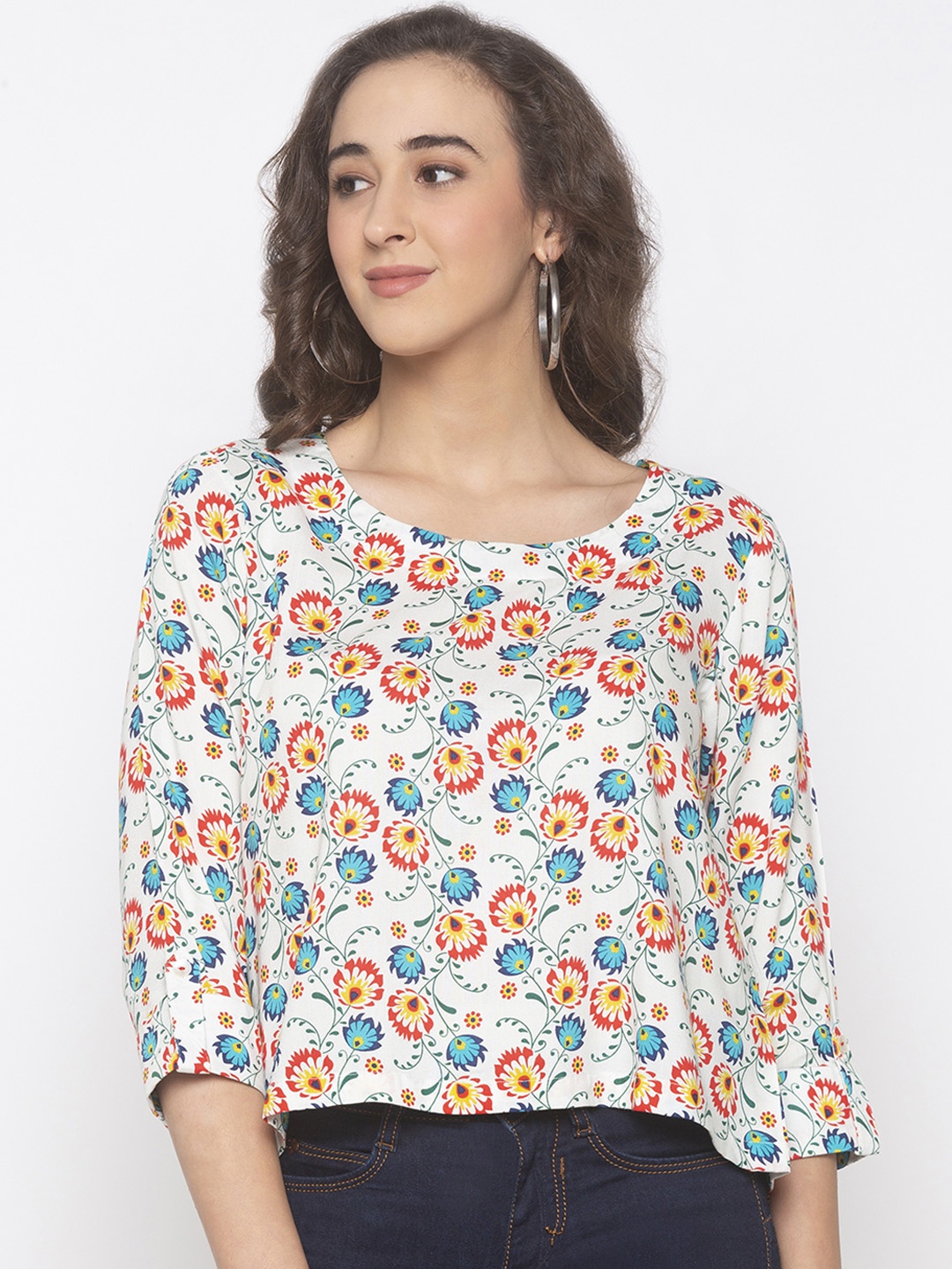 

Globus Women White & Blue Printed A-Line Top