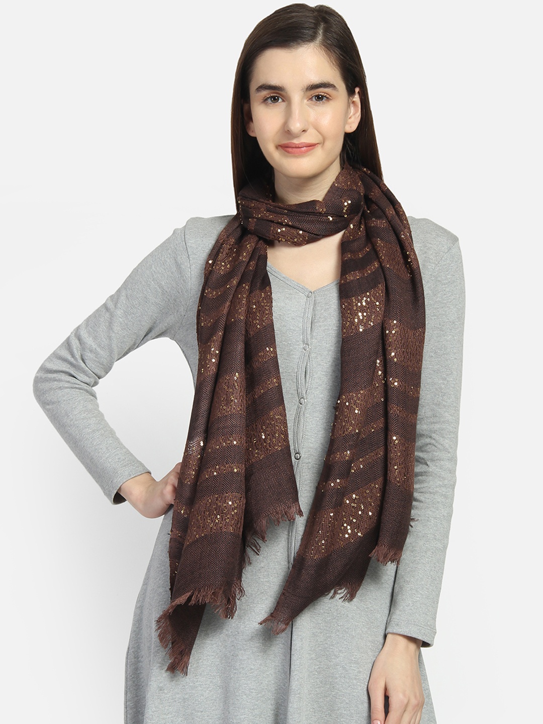 

Anekaant Women Brown & Golden Sequinned Striped Stole