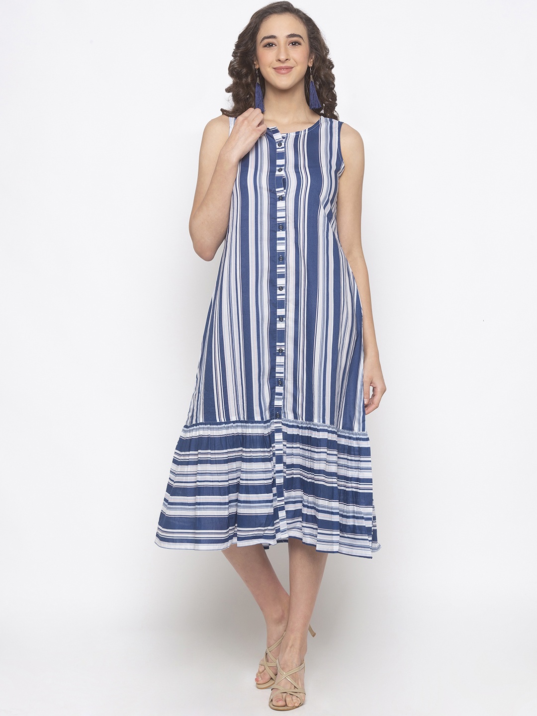 

Globus Women Navy Blue & White Striped Drop-Waist Dress