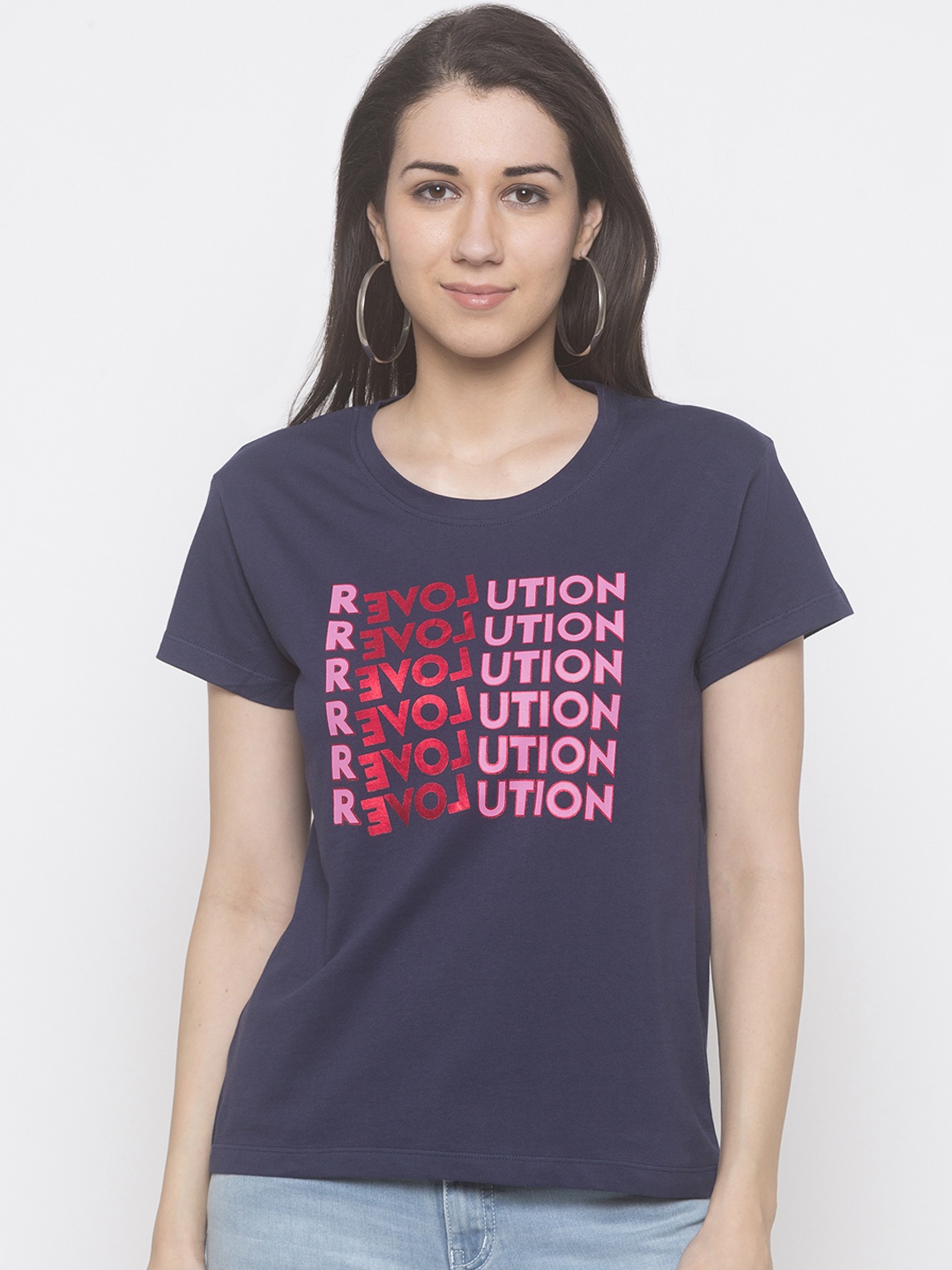 

Globus Women Navy Blue Printed Round Neck T-shirt