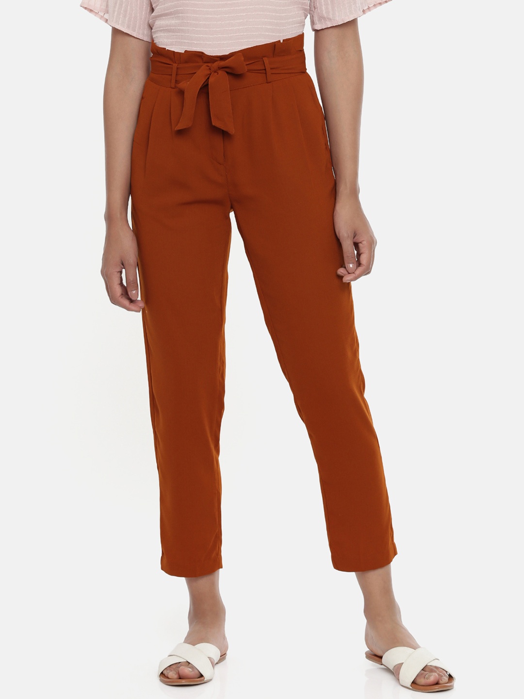 

Chumbak Women Rust Brown Regular Fit Solid Peg Trousers