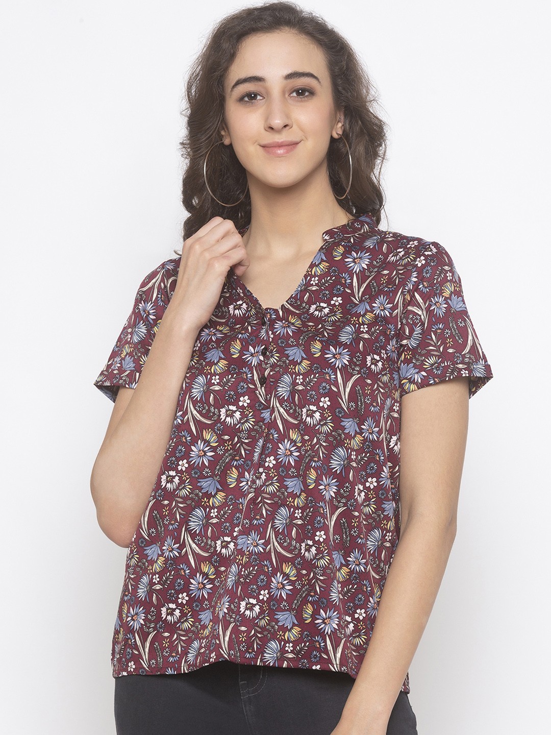 

Globus Women Maroon & Blue Regular Fit Printed Casual Shirt