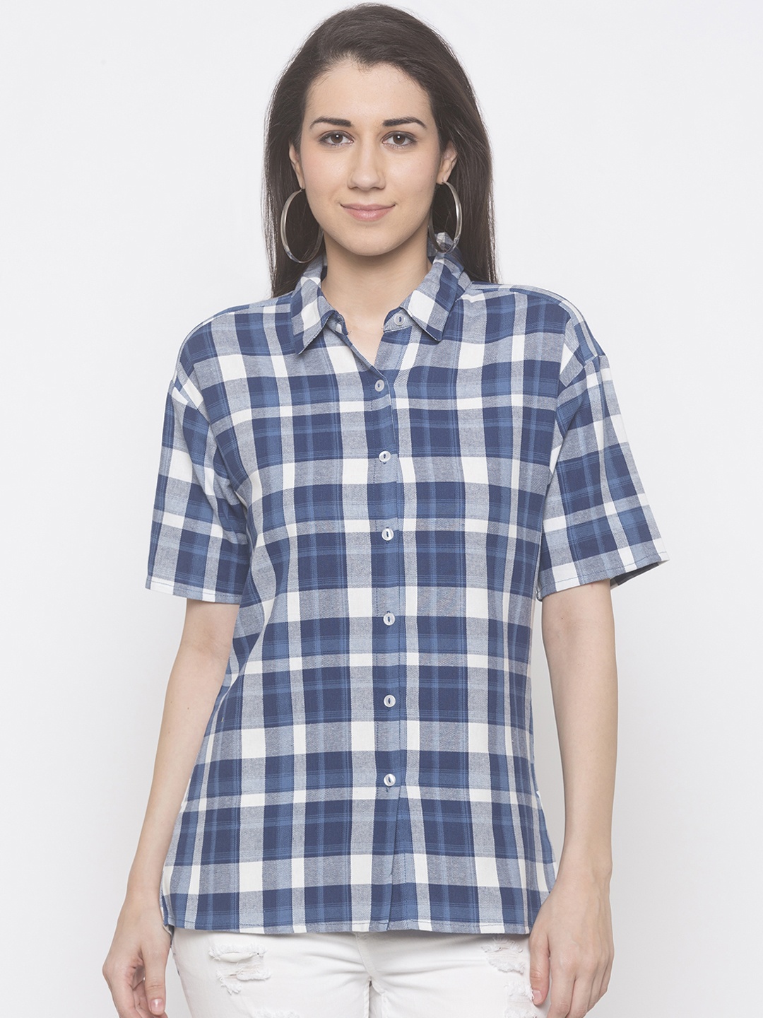 

Globus Women Navy Blue & White Regular Fit Checked Casual Shirt