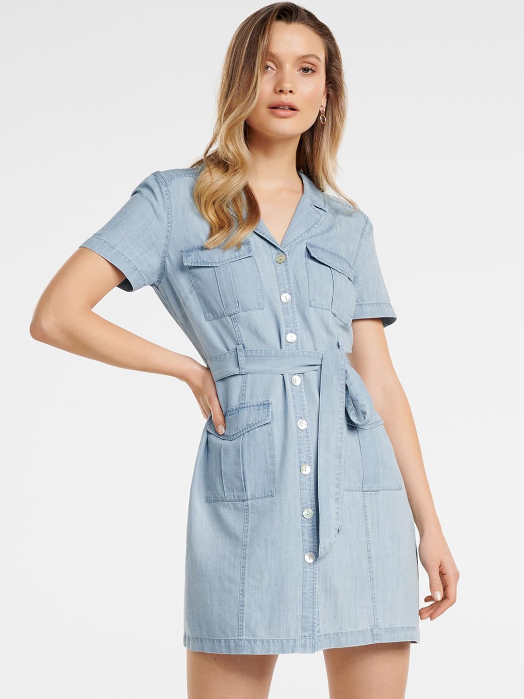 

Forever New Women Blue Solid Shirt Dress