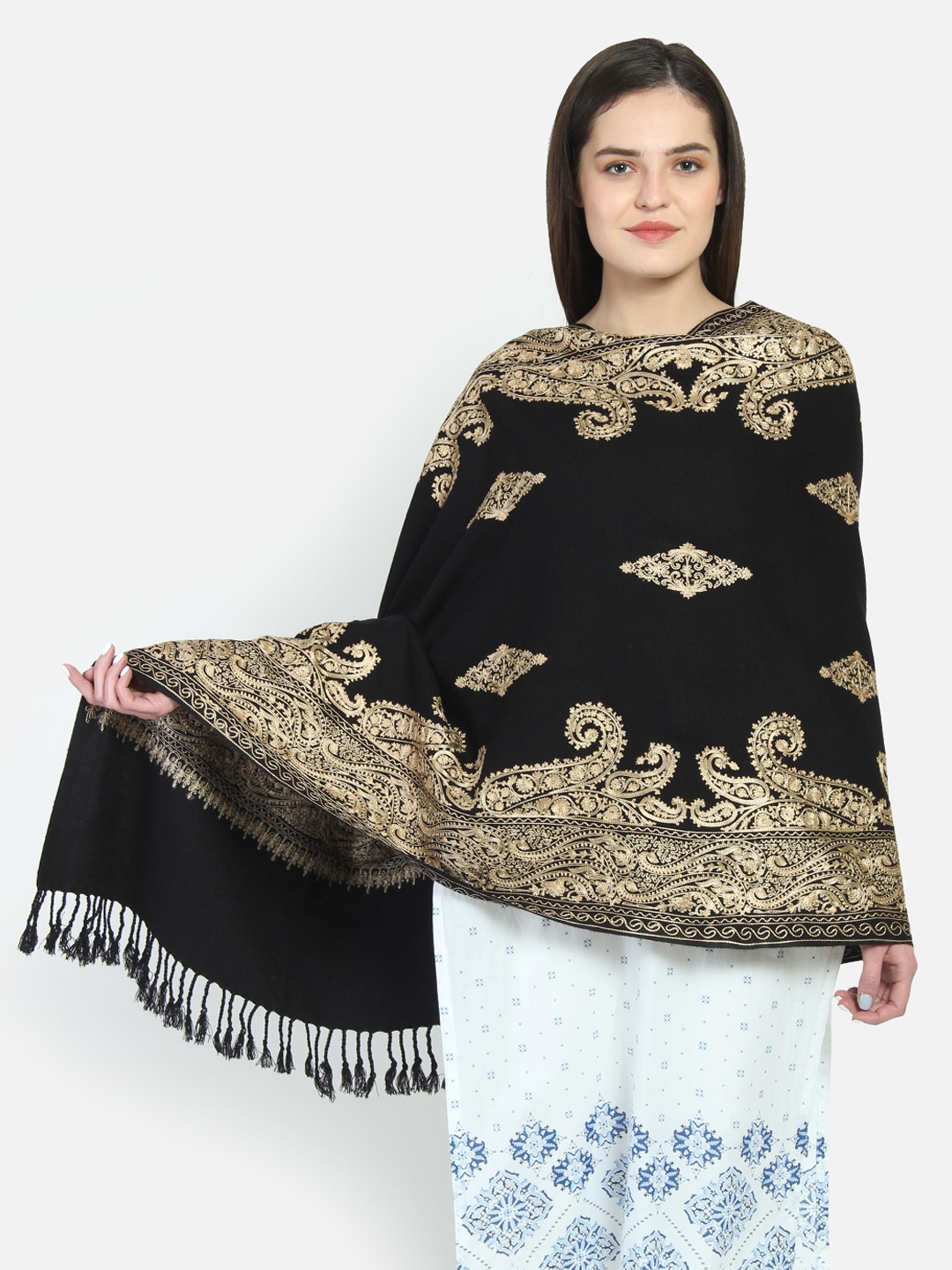 

Anekaant Women Black & Gold-Toned Paisley Embroidered Woolen Shawl