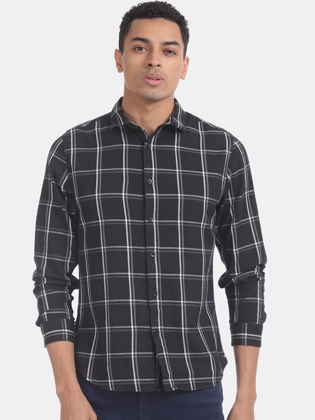 

Colt Men Black & White Slim Fit Checked Detachable Hood Casual Shirt