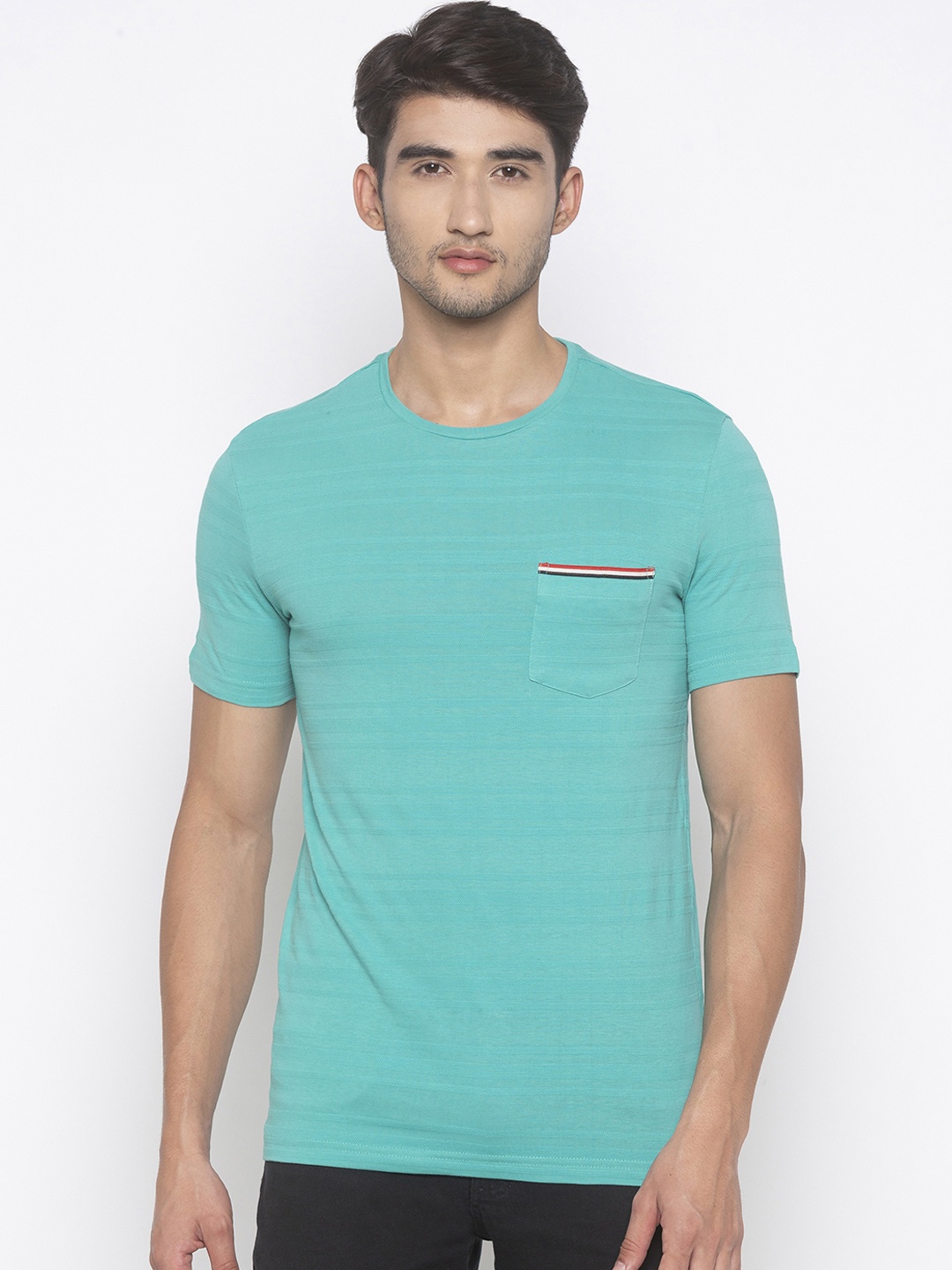 

Globus Men Sea Green Striped Slim Fit Round Neck T-shirt
