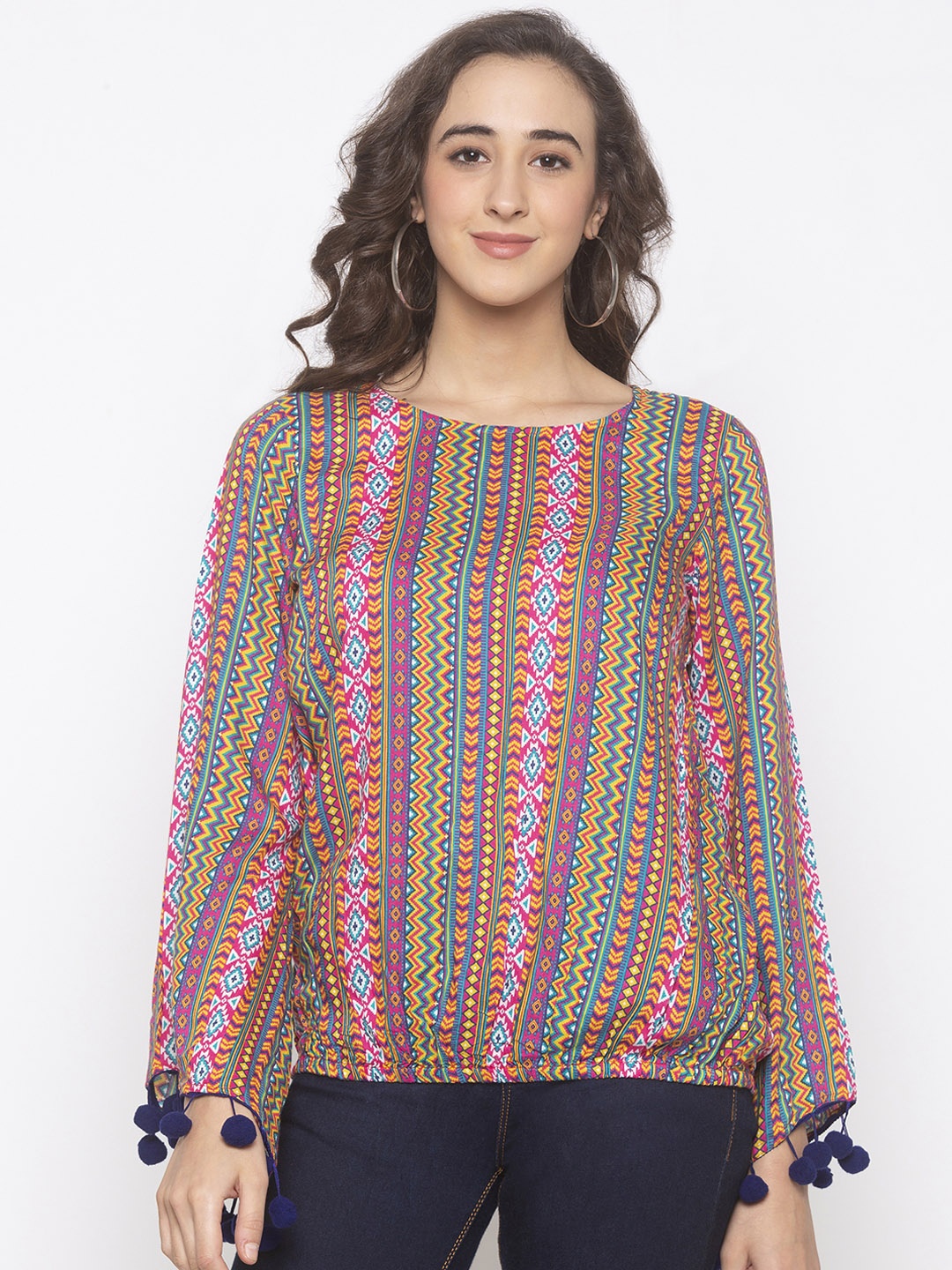 

Globus Women Pink & Green Printed Blouson Top