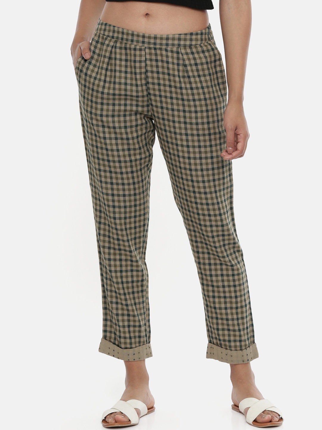 

Chumbak Women Green & Khaki Regular Fit Checked Regular Trousers