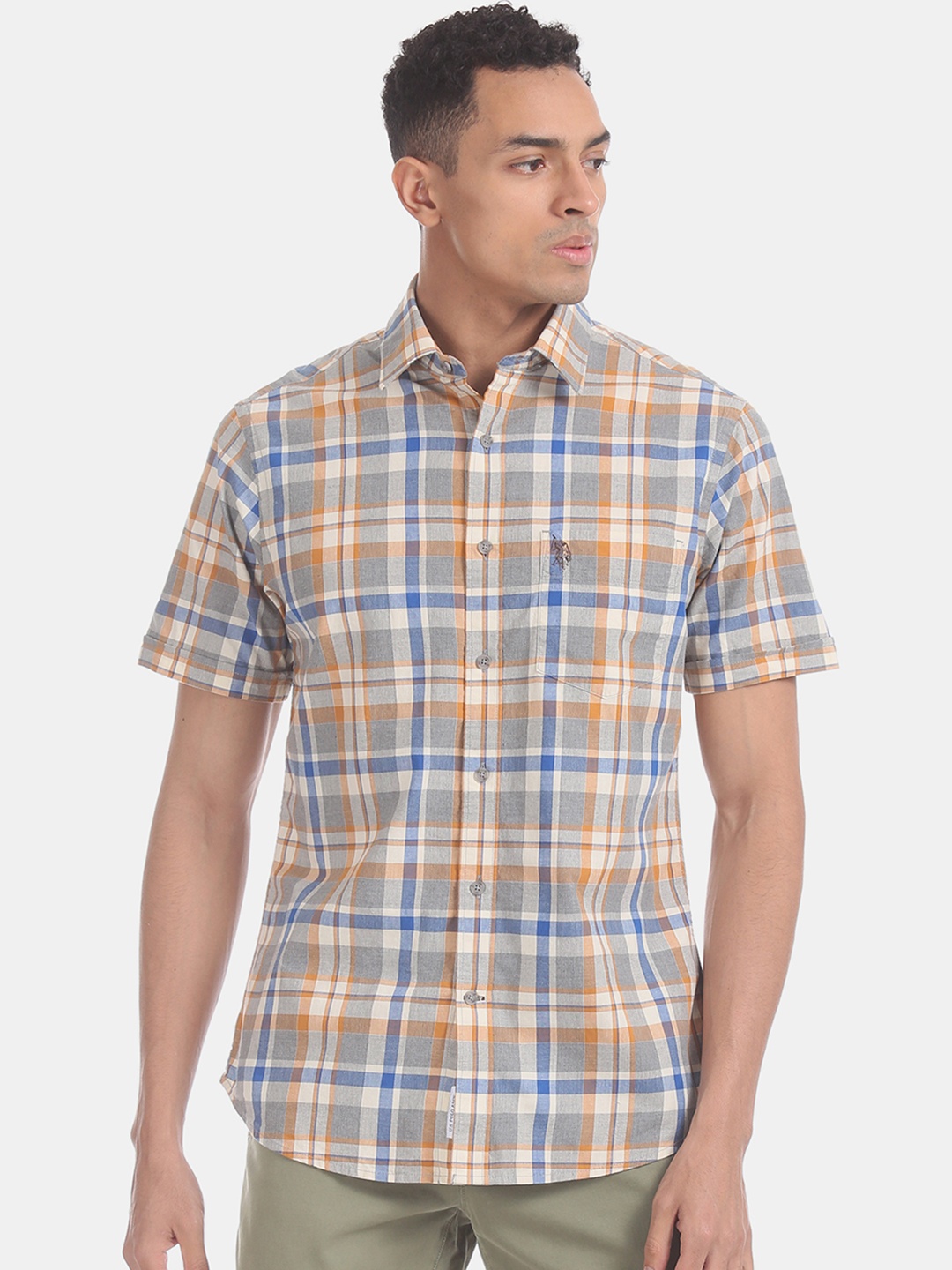

U.S. Polo Assn. Men Grey & Orange Regular Fit Checked Casual Shirt